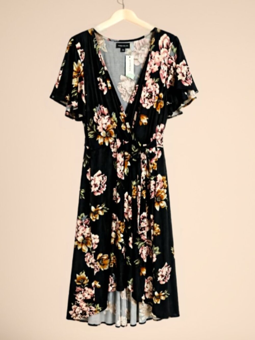 Fortune + Ivy New Black Floral Wrap Midi Dress with Pink & Mustard Blooms - 1X